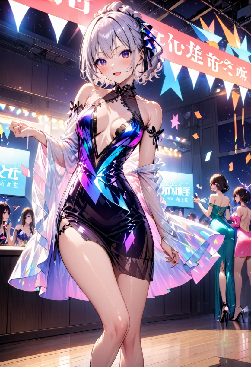 Highest quality、High resolution、Detailed Background、Beautiful face in every detail、Normal number of fingers、Highly detailed face、Detailed eyes、Beautiful women in their 20s、Perfect body line、Light color hair、Bobcut、Wavy Hairstyle、well-groomed eyebrows、mysterious、romantic、Dress with confidence、Feminine delicacy、Model pose、
(Two beautiful models smiling broadly at a night party:1.5)、
Tops and dresses that reveal skin、Off-the-shoulder, deep neckline, backless、Lightweight and see-through materials、Sexy one piece、Body-conscious designs and those with slits、Open back and side design、Enhance your sexiness、Pair with heels or strappy sandals、Her feet are sexy too、very beautiful