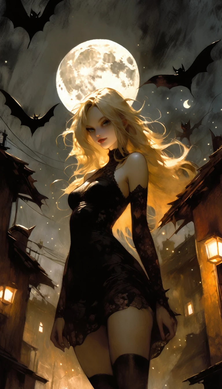 Long haired sexy blonde demon girl flies above a village next to funny little flying demons, sexy black lace tight dress, magic, fantastic, night sky, moon, stars, background, eroticism, sexy, black and white image, shadows, oil painting, chiaroscuro, sensual, dramatic lighting, moody atmosphere, dark and melancholic composition, expressionistic and powerful, emotional impact, art inspired by Bill Sienkiewicz and Dave McKean.