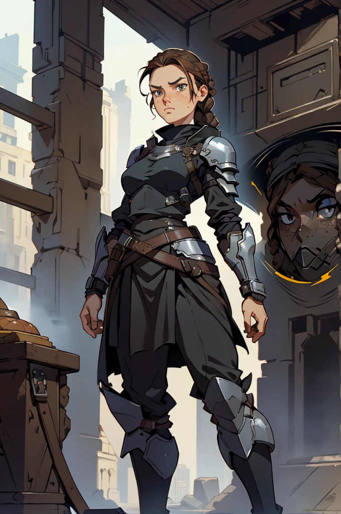 girl, sharp eyes, freckles, serious, brown hair, braids, standing proud, standing position, black armor, black breastplate, black shirt, compression shirt, black skirt, long skirt, best quality, expressive eyes, perfect face, masterpiece, 4K, 8K