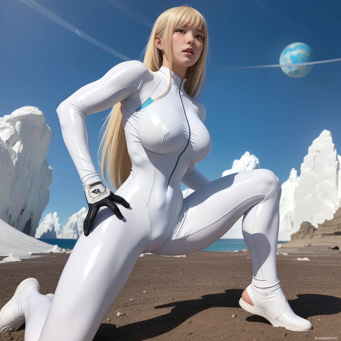 mesmerizingly beautiful WHITE zero suit samus aran, latex clothing, deserted alien planet landscape, planet in the sky, friendly, inviting, looking at viewer, muscular arms, muscular abs, athletic body, pussy, huge breasts, detailed, raw photo, photorealistic, professional photograph, attractive, stunning, cinematic, intricate, artistic, highly complimentary colors, perfect composition