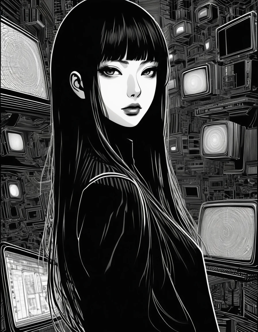 Crie uma thumbnail em preto e branco no estilo de mangá, inspired by the detailed and disturbing strokes of Junji Ito, reflecting the &#39;Digital Pimp&#39; theme. The image must feature an extremely attractive female character, with a supermodel figure and a perfect body. The character must be dressed in a luxurious silk robe that flows elegantly around her, contrasting with her black pantyhose and garter stockings, and fishnet pantyhose that reveal her fleshy thighs and natural, round breasts.

She must be in a confident and dominant posture, within a futuristic digital environment. The background should include technological elements such as computer graphics, floating digital icons, or a computer screen with code or a modern interface. The atmosphere should be dark and dramatic, with the use of intense shadows and striking contrasts. Add surreal details, such as slight distortions or elements that seem out of place, to capture Junji Ito&#39;s style of psychological horror.

The character must exude an aura of power and seduction, with an expression that mixes confidence and mystery. Your hair should be long and flowing, drawn with detailed lines and deep shadows. The title &#39;Digital Pimp: Have Sex and Make Money&#39; must be present in the thumbnail, with a font reminiscent of horror style, but still readable and attractive. Text should be positioned so that it does not obstruct the central character, keeping focus on your expression and the detailed environment.