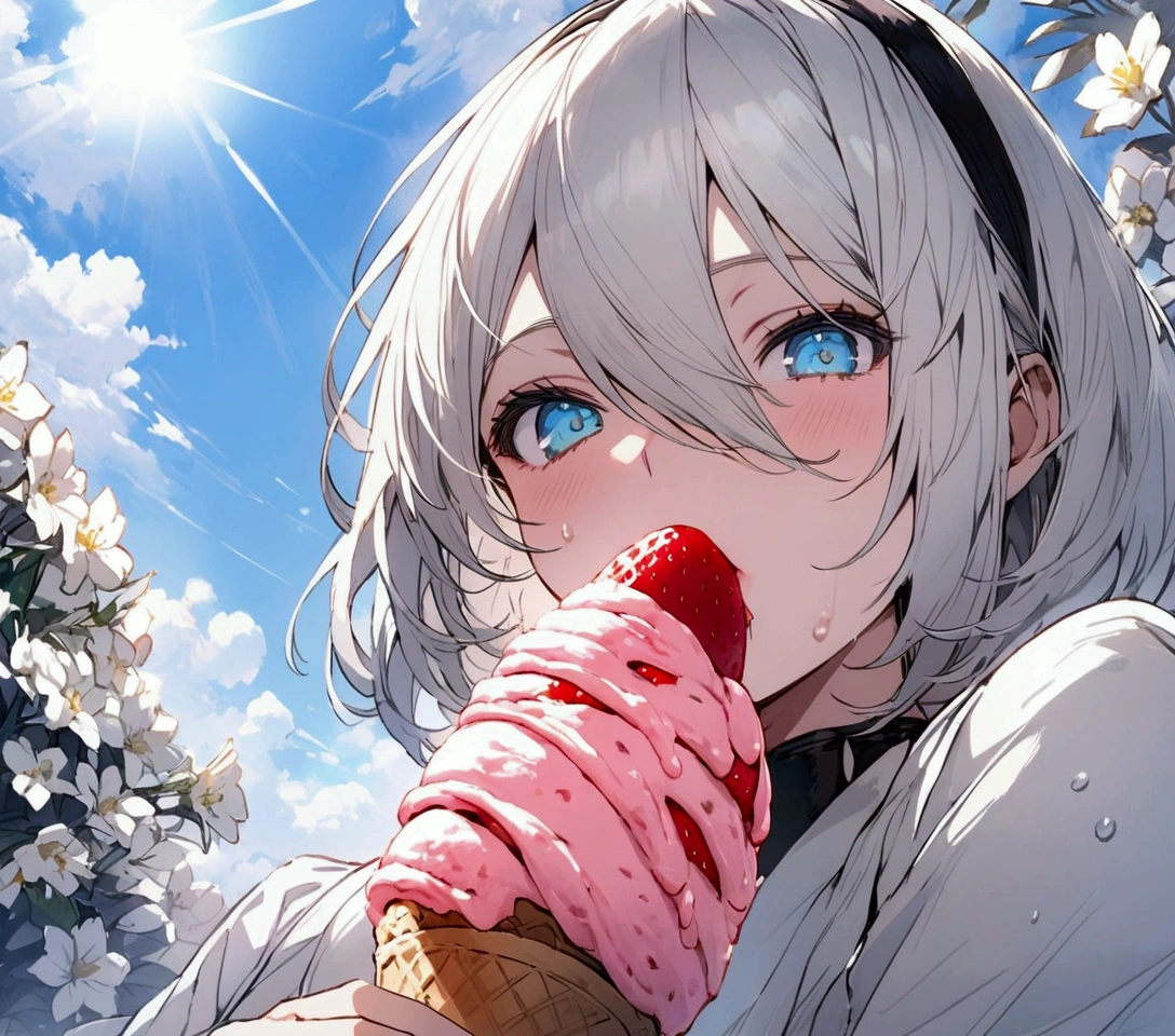 Best Quality, 2b nier automata, eating strawberry ice cream, in mouth,sweating, Whole body, sweating, looking at the camera, white flowers in background, blue sky full bodies view from below