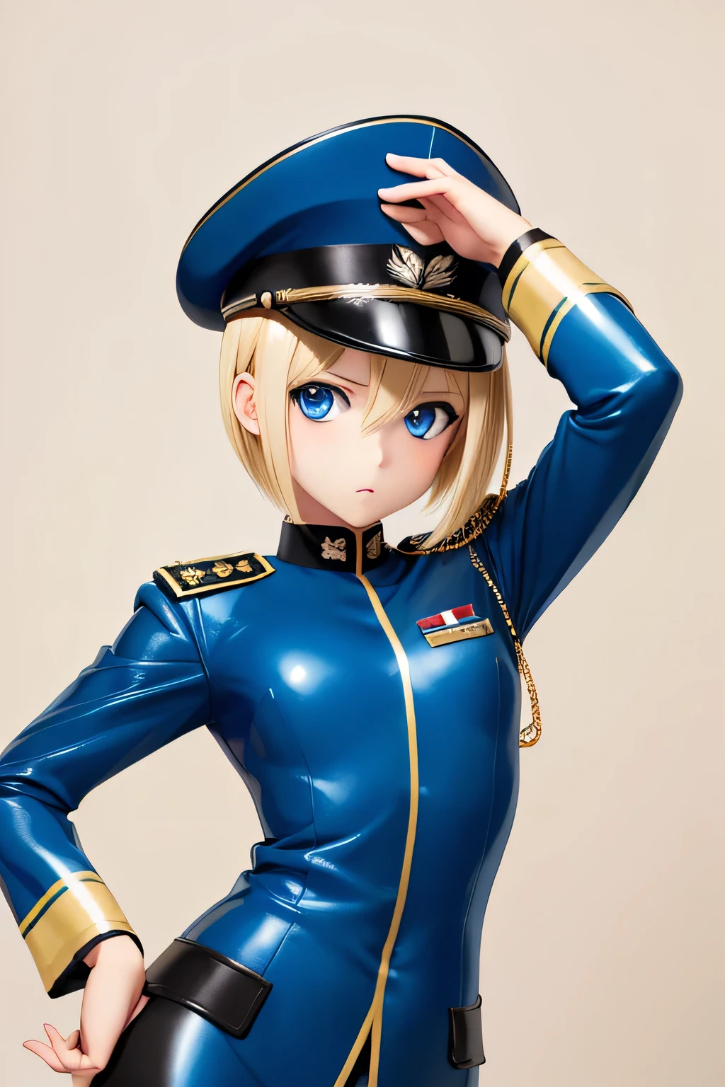 Highest quality,Highest Resolution,(((Blue shiny military uniform Blonde dark blue eyes))) Short Hair straight expressionless flat chest woman cool