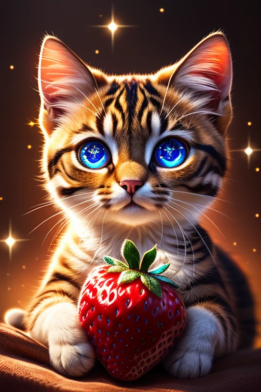 (Highest quality、masterpiece、8k))、Anatomically correct、Very detailed、High resolution、Realistic、((Beautiful, sparkling, detailed eyes))、Intricate details、((Dynamic composition))、kitten、Big head、Holding a very large strawberry、((I can&#39;t hide my joy))、very delicious、A sparkling smile