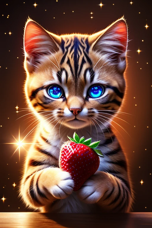 (Highest quality、masterpiece、8k))、Anatomically correct、Very detailed、High resolution、Realistic、((Beautiful, sparkling, detailed eyes))、Intricate details、((Dynamic composition))、kitten、Big head、Holding a very large strawberry、((I can&#39;t hide my joy))、very delicious、A sparkling smile
