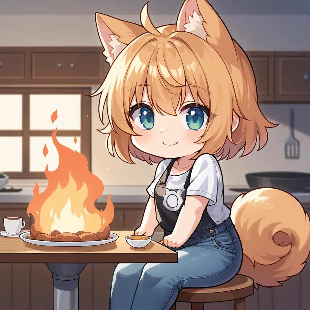 source_anime, score_9, score_8_up, BREAK a (chibi:1.2) 1girl sitting on a kitchen on (fire:1.5), dog ears, shirt, jeans, table, smile
