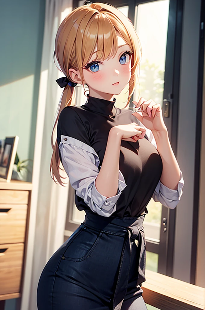 beautiful girl, Girl sideways, girl looking to the side, beautiful hair, pretty haircut, stands sideways in full growth, Waist-length long hair, hairstyle ponytails, two ponytails,