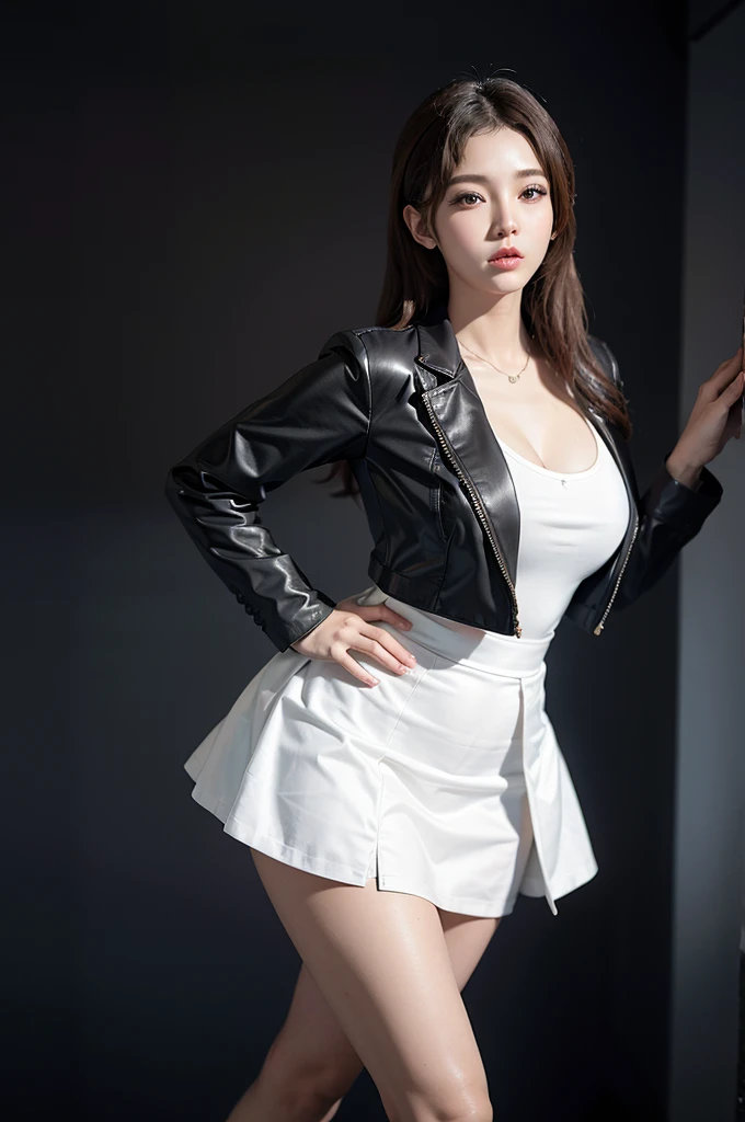 A south Korean young k pop actress bigg curved thighs big round boobs in latex tight tank dress with blazer,white short tank skirt zoomout,standing,shine thick thighs,big curved hips,big girl