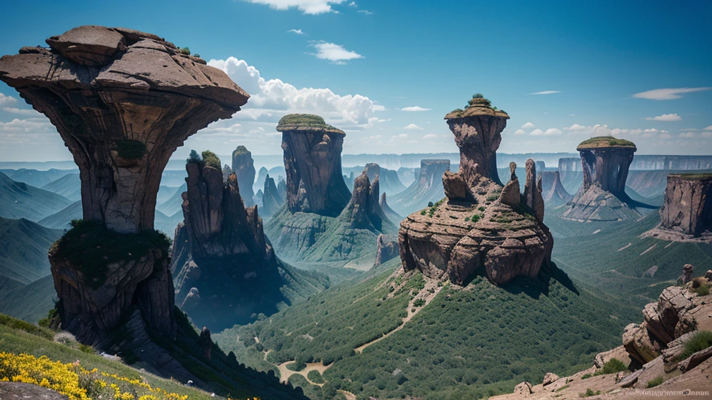 A fantastical, dreamlike landscape with unusual formations and vibrant colors.