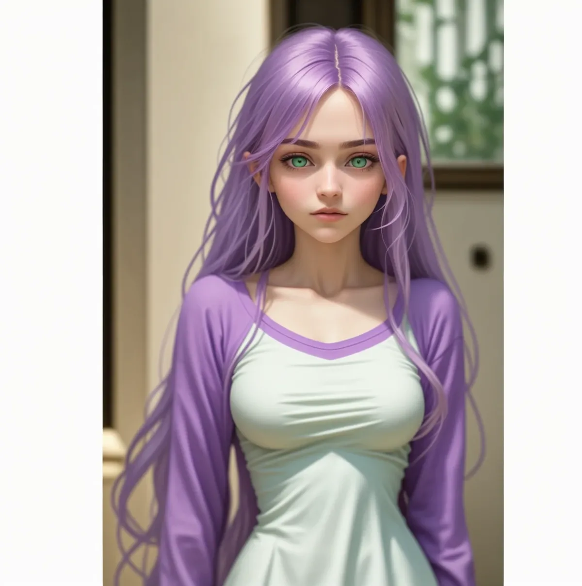 capolavoro, miglior qualità,  foto cinematografica di 1 ragazza, green eyes, Light purple hair,  capelli lunghi , seno grande , indossa una camicia viola sopra un abito bianco, , photograph, pellicola , high resolution