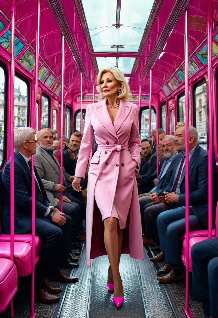 a sexy elegant blonde milf in her 60s, slim figure, in a pink tram in Geneva, surrounded by men grabbing her, hyper realistic, masterpiece, photorealistic, 8k, cinematic lighting, vibrant colors, dramatic composition, intricate details, striking contrast, compelling atmosphere