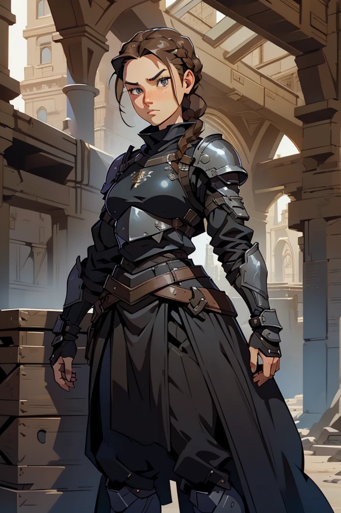 girl, sharp eyes, freckles, serious, brown hair, braids, standing proud, standing position, black armor, black breastplate, black shirt, compression shirt, black skirt, long skirt, best quality, expressive eyes, perfect face, masterpiece, 4K, 8K