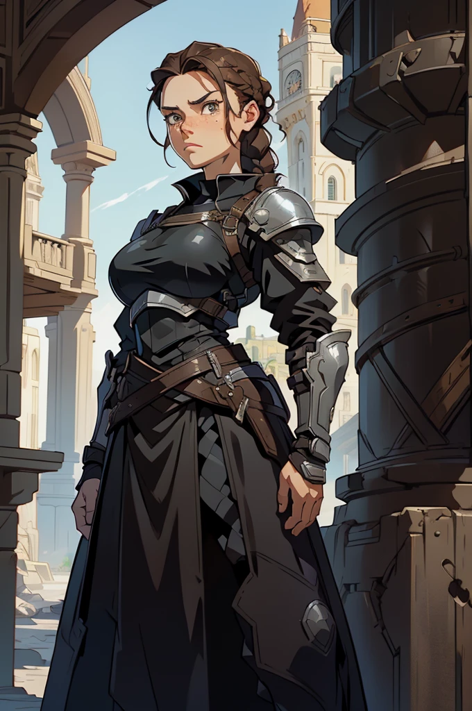 girl, sharp eyes, freckles, serious, brown hair, braids, standing proud, standing position, black armor, black breastplate, black shirt, compression shirt, black skirt, long skirt, best quality, expressive eyes, perfect face, masterpiece, 4K, 8K