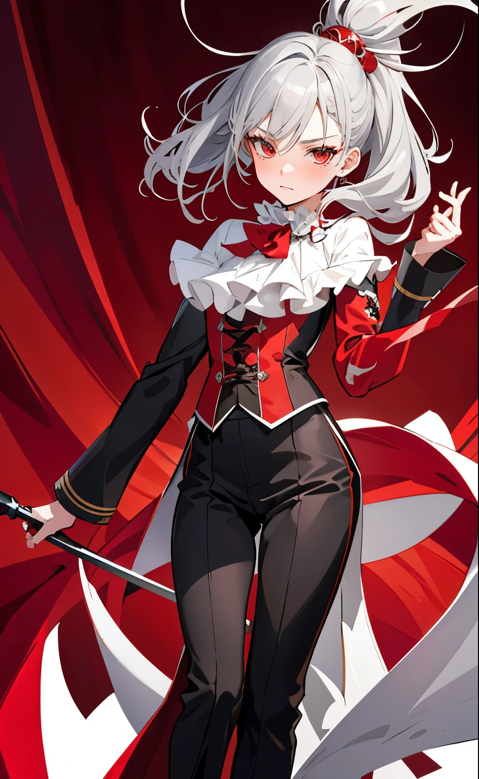 on a stage, stagefront, closeup, red curtain background, holding a ppistol, top-quality, character design, concept art, 1girl, grey hair, magician outfit, blouse, (red clown cheeks), long tailcoat, androgynous, boyish features, powerful pose, young, anime style