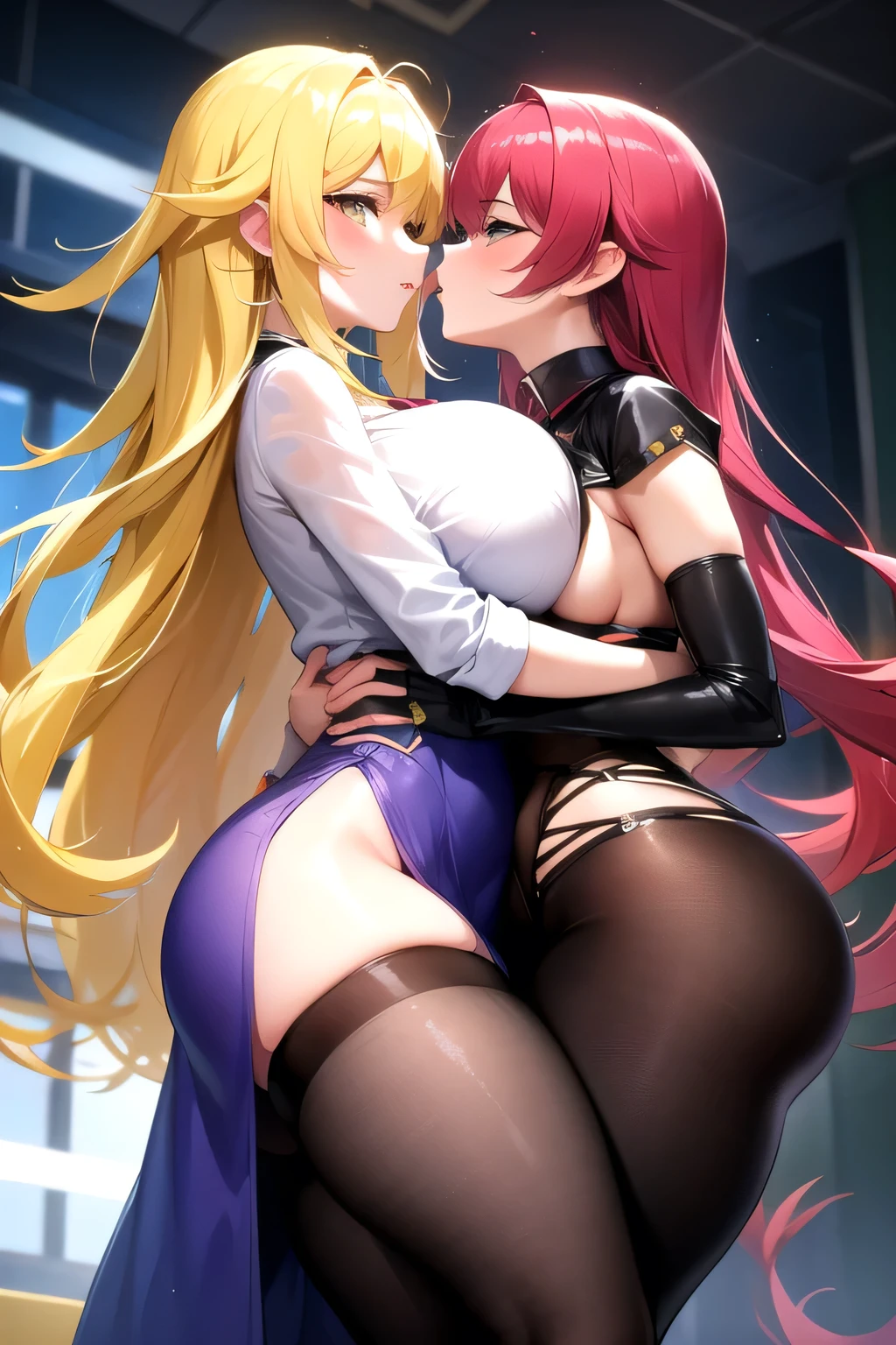 Lesbian (very long loose yellow hair)(big breasts, big thighs)(with clothes it is very tight) that he is kissing at school with his girlfriend,(big breasts, big thighs)lesbian love