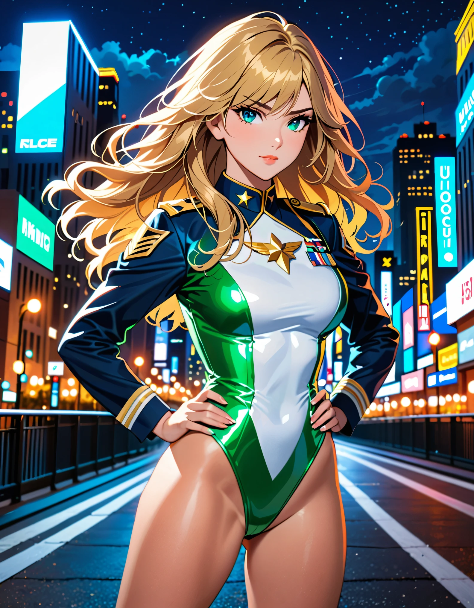 best quality, masterpiece, highres, solo, solo focus, 1lady, semi-realistic, dynamic heroic pose, standing straight, blonde hair, blue eyes, beautiful detailed eyes, beautiful detailed face, (perfect hands), sexy us military officer, dressed in a green and white leotard, city backdrop, neon edge lighting, highly detailed, professional, bare legs, matching boots, ankle-high boots, full body shot, hands on hip, medium hair, hair down, nighttime.