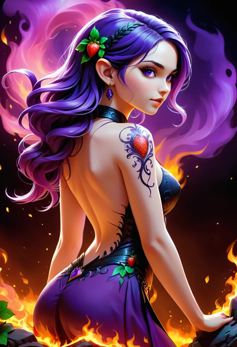 Arafed, Dark fantasy art, fantasy art, goth art, a picture of a tattoo on the back of a female elf, a glowing tattoo of a ((strawberry: 1.3)) on the elf's back, the ((strawberry tattoo)) is vivid, intricate detailed coming to life from the ink to real life, GlowingRunesAI_purple, ((fire surrounds the strawberry: 1.5)), shoot taken from the back, ((the back is visible: 1.3), she wears a transparent black dress, the dress is elegant, flowing, elven style, that the tattoos glow, dynamic hair color, dynamic hair style, vibrant, Ultra-high resolution, High Contrast, (masterpiece:1.5), highest quality, Best aesthetics), best details, best quality, highres, 16k, (ultra detailed: 1.5), masterpiece, best quality, (extremely detailed) RAW, (ultra details, Masterpiece, best quality) faize, Digital Painting,