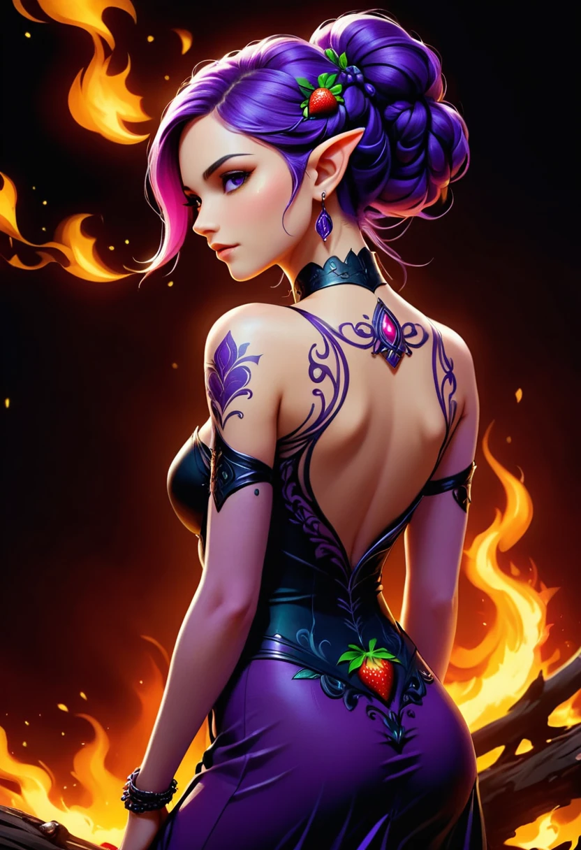 Arafed, Dark fantasy art, fantasy art, goth art, a picture of a tattoo on the back of a female elf, a glowing tattoo of a ((strawberry: 1.3)) on the elf's back, the ((strawberry tattoo)) is vivid, intricate detailed coming to life from the ink to real life, GlowingRunesAI_purple, ((fire surrounds the strawberry: 1.5)), shoot taken from the back, ((the back is visible: 1.3), she wears a transparent black dress, the dress is elegant, flowing, elven style, that the tattoos glow, dynamic hair color, dynamic hair style, vibrant, Ultra-high resolution, High Contrast, (masterpiece:1.5), highest quality, Best aesthetics), best details, best quality, highres, 16k, (ultra detailed: 1.5), masterpiece, best quality, (extremely detailed) RAW, (ultra details, Masterpiece, best quality) faize, Digital Painting,