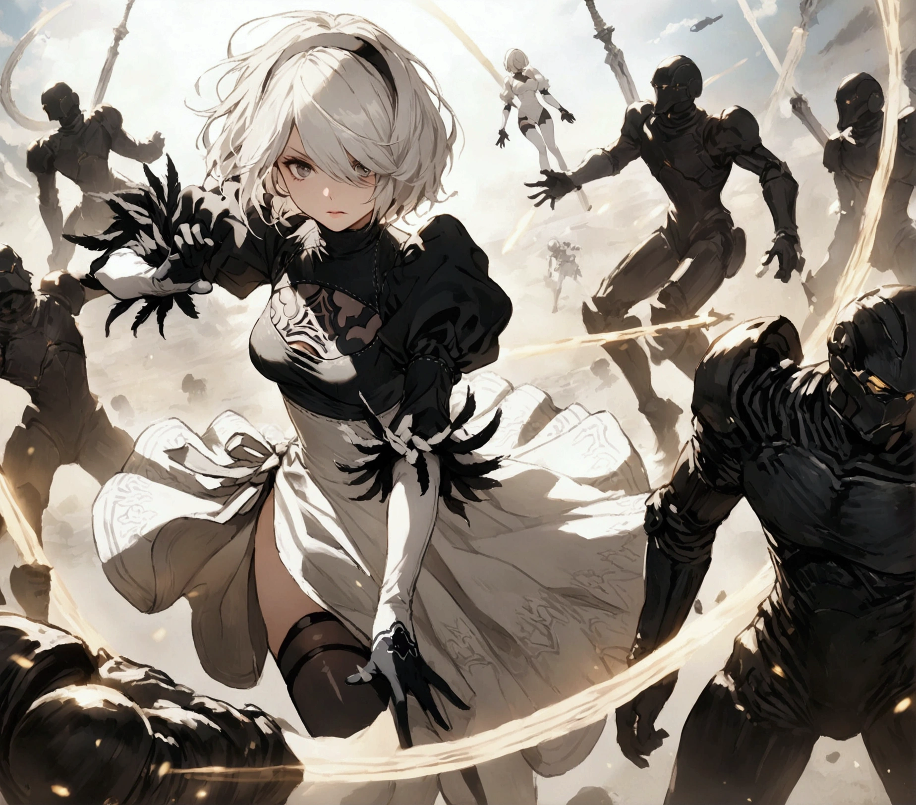 Best Quality, 2b nier automata, fighting with androids 