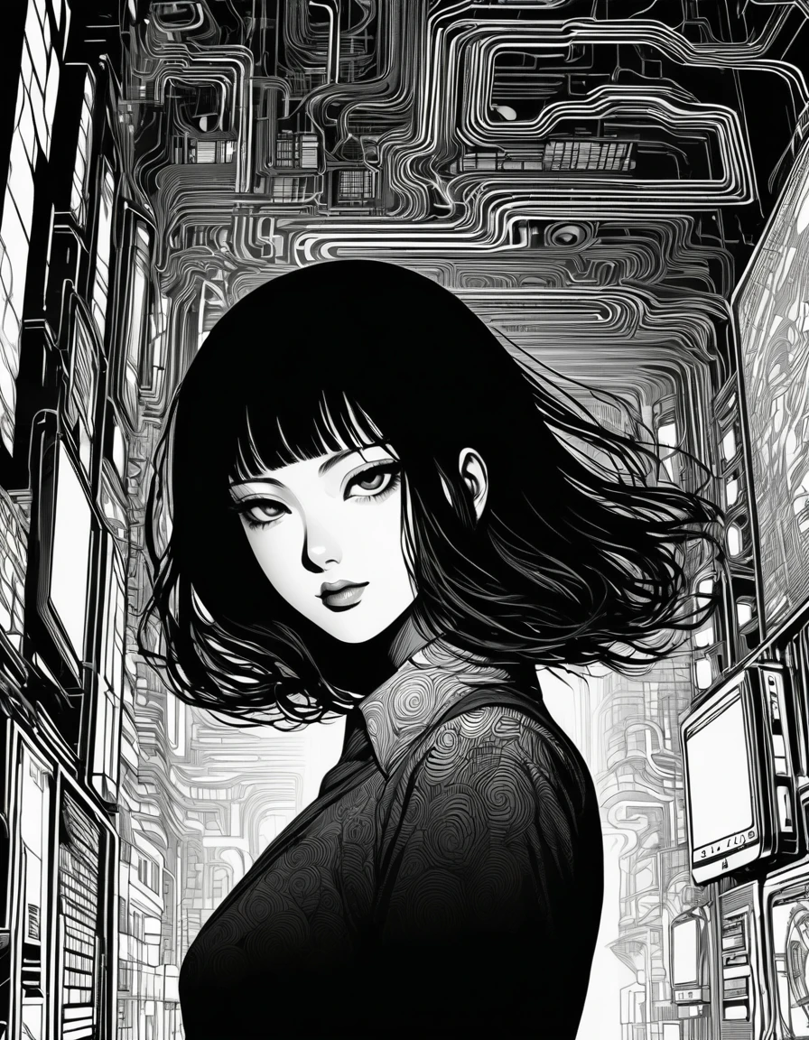 Crie uma thumbnail em preto e branco no estilo de mangá, inspired by the detailed and disturbing strokes of Junji Ito, reflecting the &#39;Digital Pimp&#39; theme. The image must feature an extremely attractive female character, with a supermodel figure and a perfect body. The character must be dressed in a luxurious silk robe that flows elegantly around her, contrasting with her black pantyhose and garter stockings, and fishnet pantyhose that reveal her fleshy thighs and natural, round breasts.

She must be in a confident and dominant posture, within a futuristic digital environment. The background should include technological elements such as computer graphics, floating digital icons, or a computer screen with code or a modern interface. The atmosphere should be dark and dramatic, with the use of intense shadows and striking contrasts. Add surreal details, such as slight distortions or elements that seem out of place, to capture Junji Ito&#39;s style of psychological horror.

The character must exude an aura of power and seduction, with an expression that mixes confidence and mystery. Your hair should be long and flowing, drawn with detailed lines and deep shadows. The title &#39;Digital Pimp: Have Sex and Make Money&#39; must be present in the thumbnail, with a font reminiscent of horror style, but still readable and attractive. Text should be positioned so that it does not obstruct the central character, keeping focus on your expression and the detailed environment.