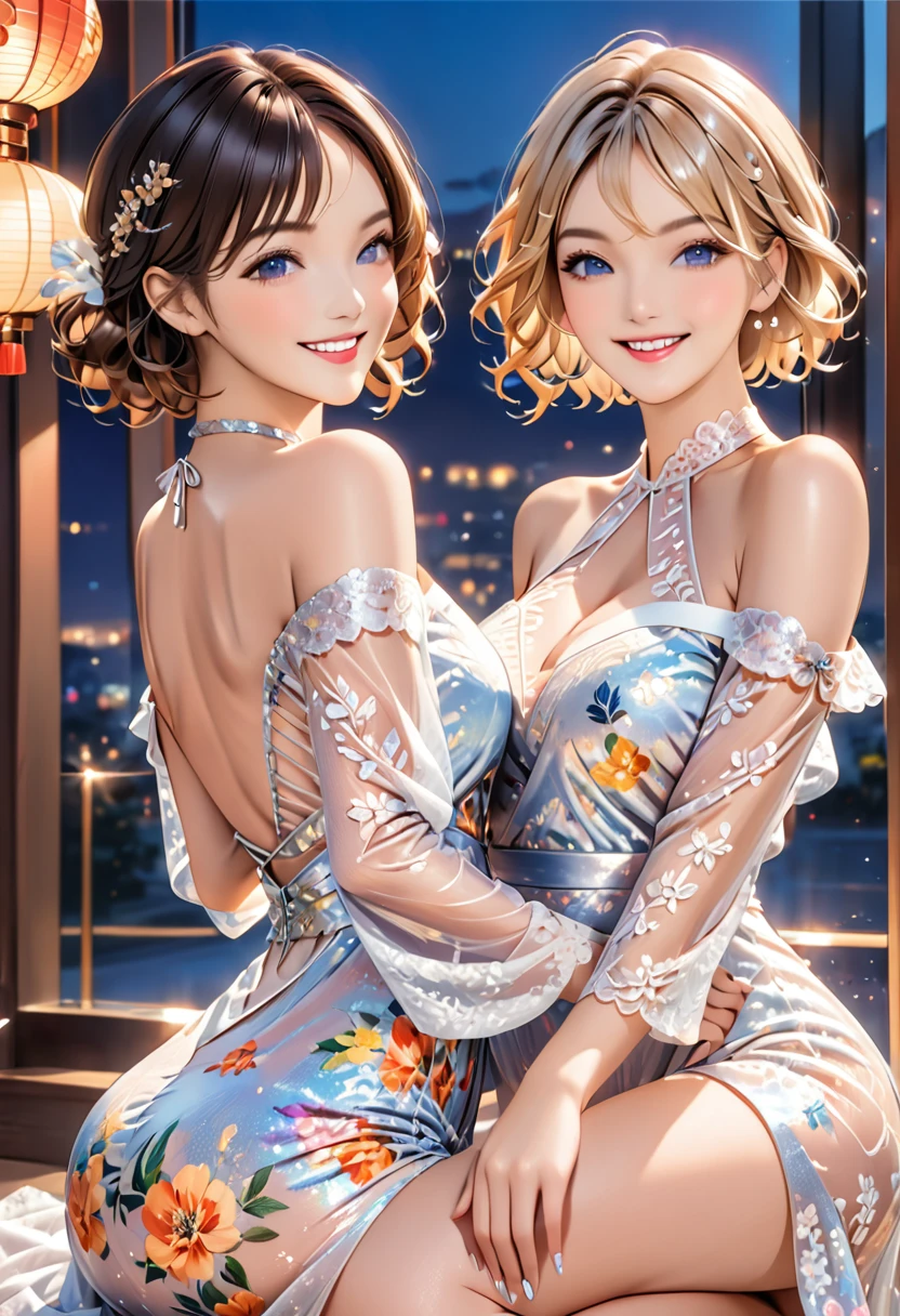 Highest quality、High resolution、Detailed Background、Beautiful face in every detail、Normal number of fingers、Highly detailed face、Detailed eyes、Beautiful women in their 20s、Perfect body line、Light color hair、Bobcut、Wavy Hairstyle、well-groomed eyebrows、mysterious、romantic、Dress with confidence、Feminine delicacy、Model pose、

(Two beautiful models smiling broadly at a night party:1.5)、

Tops and dresses that reveal skin、Off-the-shoulder, deep neckline, backless、Lightweight and see-through materials、Sexy one piece、Body-conscious designs and those with slits、Open back and side design、Enhance your sexiness、Pair with heels or strappy sandals、Her feet are sexy too、very beautiful