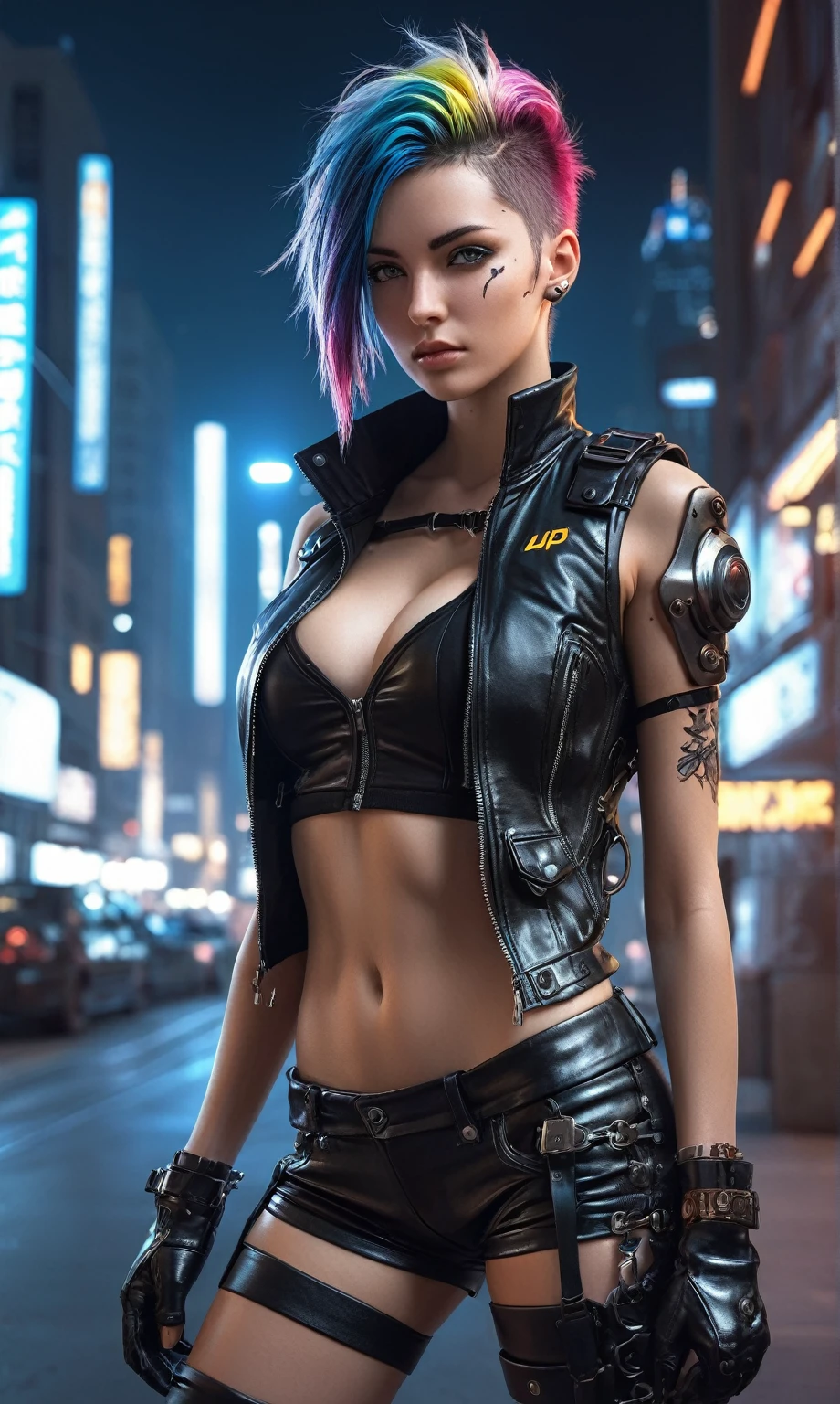 (score_9, score_8_up, score_7_up, score_6_up, score_5_up, score_4_up, realistic style, photo, photorealistic, high detail, sharp), cyberpunk style photo, beautiful cyberpunk girl, multi-colored tousled hair, slender figure, magnificent breasts, leather vest with metal inserts, black gloves, short leather shorts, metal exoskeleton, night lighting, ((against the background of the night city)), Night City, (looking at the viewer), (beautiful detailed face, detailed skin texture, ultra-detailed body: 1.1), tag1, tag2