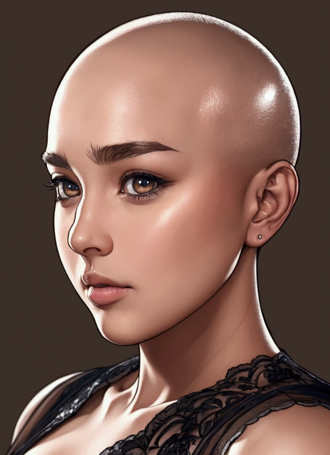 HDR, UHD, 8K, best quality, masterpiece, Highly detailed, sharp focus, detailed, ultra high res, amazing composition, intricate, hyperdetailed, detailed body, (detailed face:1.1), (rendered eyes), (perfect eyes), front view, solo focus, portrait, head shot, woman, bbw, chubby face, bald, bald head, brown eyes, black dress