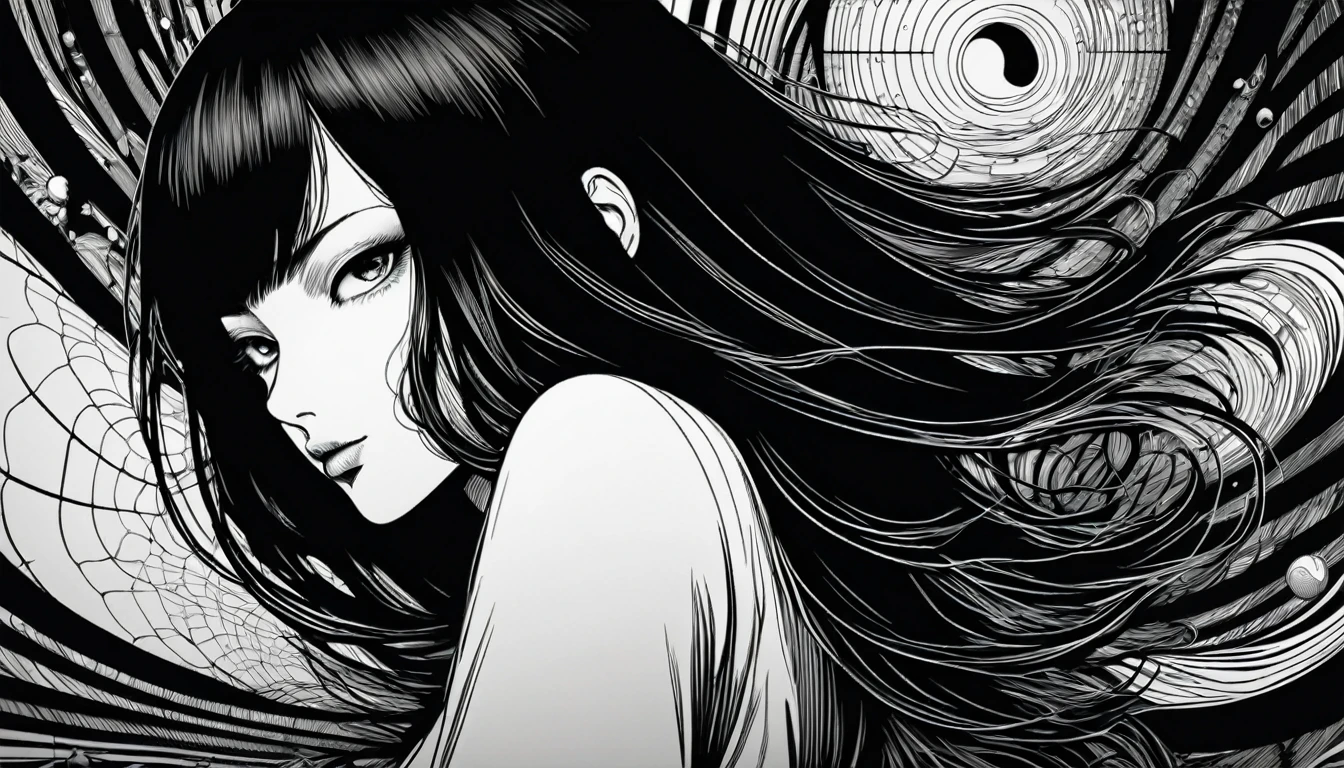 Crie uma thumbnail em preto e branco no estilo de mangá, inspired by the detailed and disturbing strokes of Junji Ito, reflecting the 'Digital Pimp' theme. The image must feature an extremely attractive female character, with a supermodel figure and a perfect body. The character must be dressed in a luxurious silk robe that flows elegantly around her, contrasting with her black pantyhose and garter stockings, and fishnet pantyhose that reveal her fleshy thighs and natural, round breasts.
She must be in a confident and dominant posture, within a futuristic digital environment. The background should include technological elements such as computer graphics, floating digital icons, or a computer screen with code or a modern interface. The atmosphere should be dark and dramatic, with the use of intense shadows and striking contrasts. Add surreal details, such as slight distortions or elements that seem out of place, to capture Junji Ito's style of psychological horror.
The character must exude an aura of power and seduction, with an expression that mixes confidence and mystery. Your hair should be long and flowing, drawn with detailed lines and deep shadows. The title 'Digital Pimp: Have Sex and Make Money' must be present in the thumbnail, with a font reminiscent of horror style, but still readable and attractive. Text should be positioned so that it does not obstruct the central character, keeping focus on your expression and the detailed environment.