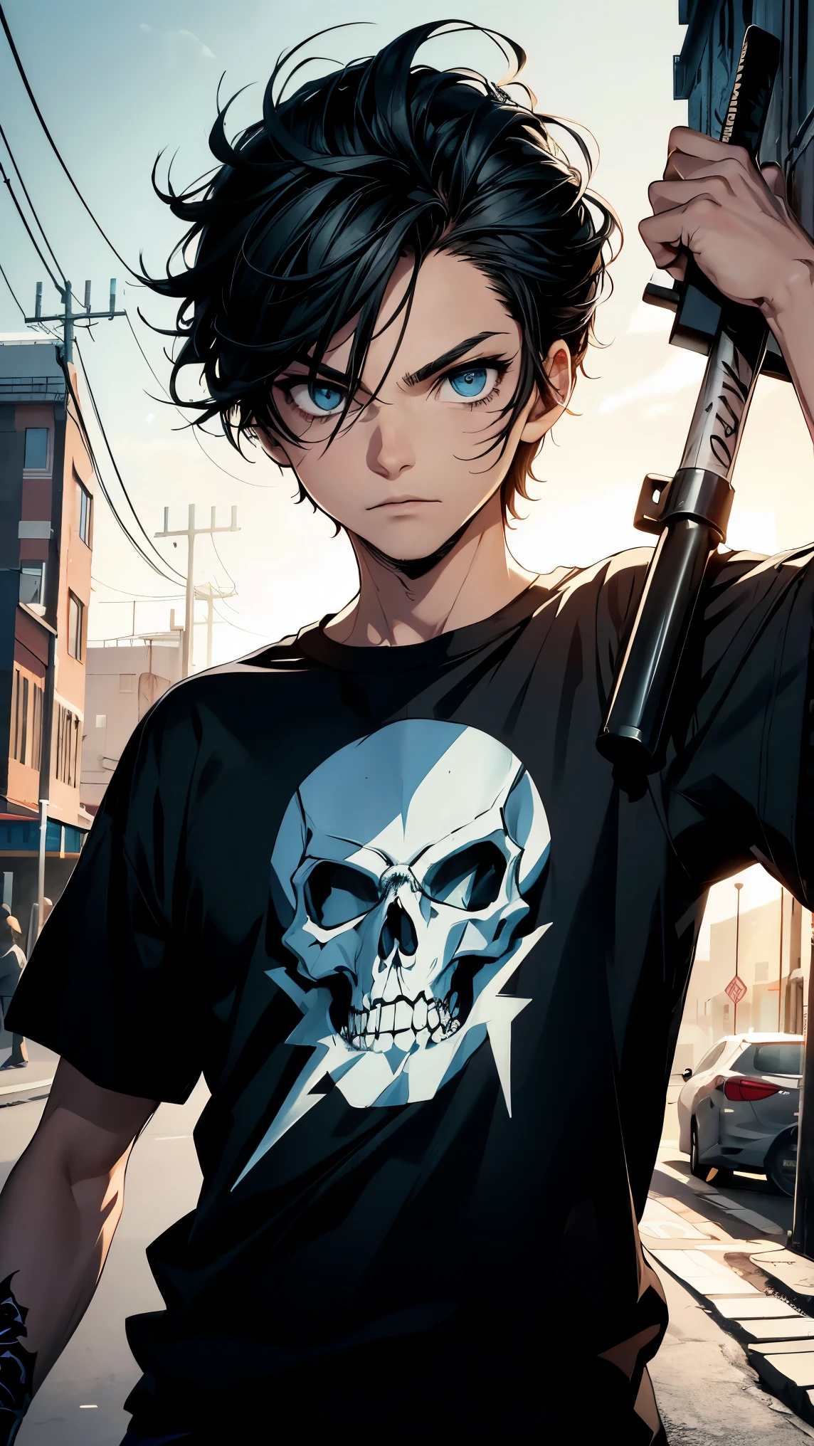 (8k, CRU photo, highest quallity, work of art:1.2), High definition RAW color photo, professional photograpy, cinematic light,graffiti comics, shiny colors, bold typography, A boy wearing a t-shirt with an illustration, holding a dagger with lightning effects on the blade, detailed skull illustration, Comic Style Shading, spray paint effect, cartoon elements, Illustrates??the skeleton, Pier with colorful letters and illustrations, Urban context.