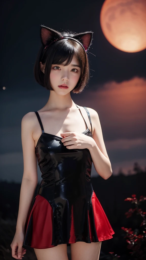Delicate and dainty young woman with shiny bob-cut black hair and cat ears. She is wearing red only symple dress with mini-skirt. The background is a fantastic and ethereal night sky that seems to be haunted by a specter. Her expression is stern and atmospheric. , stocking, angle from below