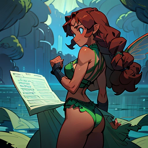 A girl with a strong and determined face, with intense blue eyes.
Long, curly tails, dark reddish brown hair, in braids or loose curls.
Body Athletic and muscular figure. Dark skin
in ligth green and green erotic Lingerie and with fairy wings With elements that simulate waves and blue water
(((character sheet))) (various views) ((front and back) (Face detail) (full body)