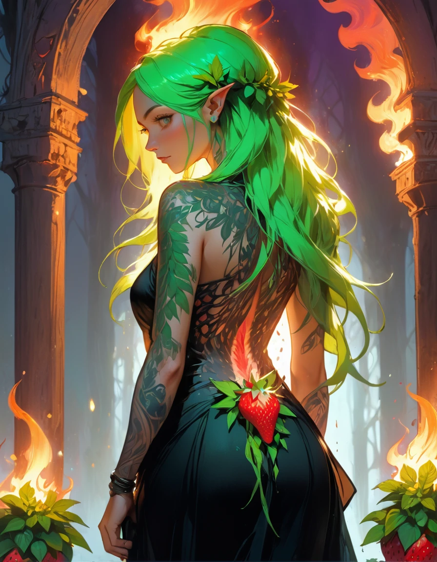 Arafed, Dark fantasy art, fantasy art, goth art, a picture of a tattoo on the back of a female elf, a glowing tattoo of a ((strawberry: 1.3)) on the elf's back, the ((strawberry tattoo)) is vivid, intricate detailed coming to life from the ink to real life, GlowingRunesAI_purple, ((fire surrounds the strawberry: 1.5)), shoot taken from the back, ((the back is visible: 1.3), she wears a transparent black dress, the dress is elegant, flowing, elven style, that the tattoos glow, dynamic hair color, dynamic hair style, vibrant, Ultra-high resolution, High Contrast, (masterpiece:1.5), highest quality, Best aesthetics), best details, best quality, highres, 16k, (ultra detailed: 1.5), masterpiece, best quality, (extremely detailed) RAW, (ultra details, Masterpiece, best quality) faize, Digital Painting,