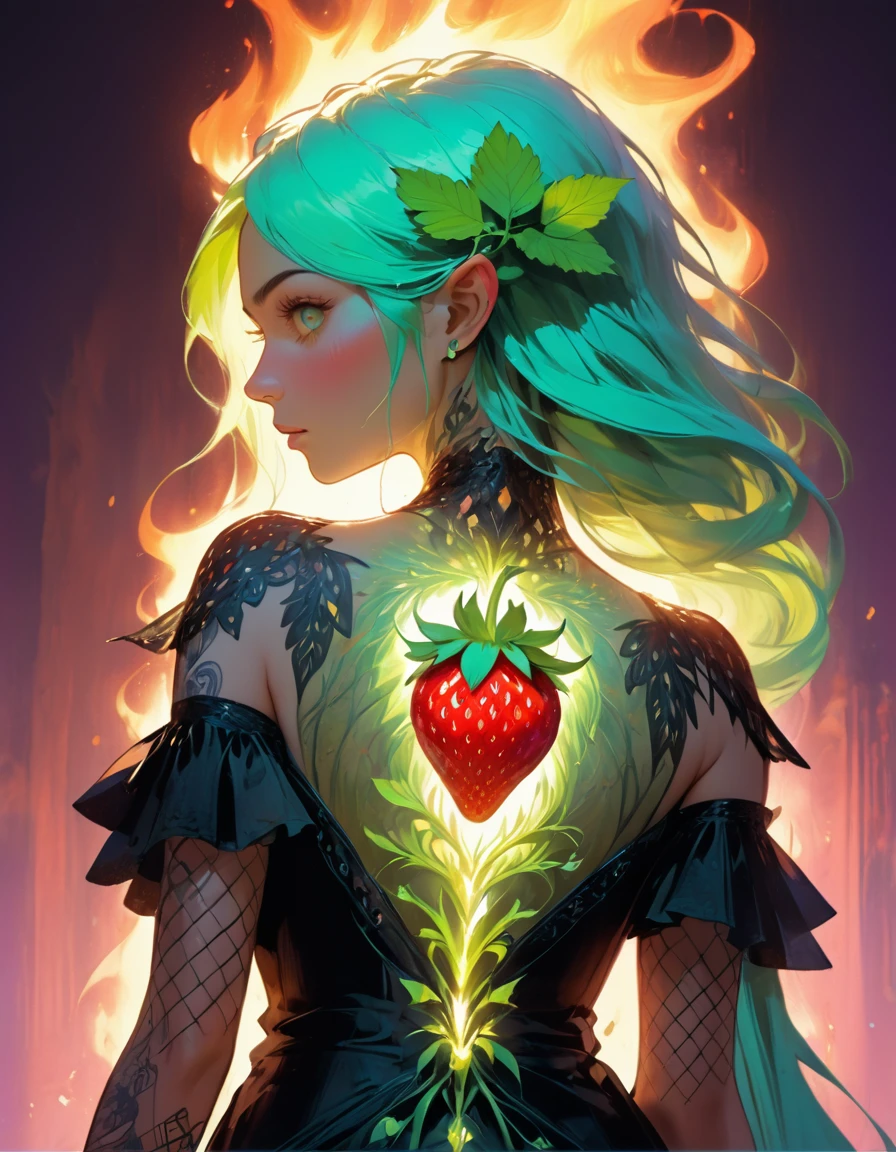 Arafed, Dark fantasy art, fantasy art, goth art, a picture of a tattoo on the back of a female elf, a glowing tattoo of a ((strawberry: 1.3)) on the elf's back, the ((strawberry tattoo: 1.3)) is vivid, intricate detailed,  GlowingRunesAI_purple, ((fire surrounds the strawberry tattoo: 1.5)), shoot taken from the back, ((the back is visible: 1.3), she wears a transparent black dress, the dress is elegant, flowing, elven style, that the tattoos glow, dynamic hair color, dynamic hair style,  vibrant, Ultra-high resolution, High Contrast, (masterpiece:1.5), highest quality, Best aesthetics), best details, best quality, highres, 16k, (ultra detailed: 1.5), masterpiece, best quality, (extremely detailed) RAW, (ultra details, Masterpiece, best quality) faize, Digital Painting, 