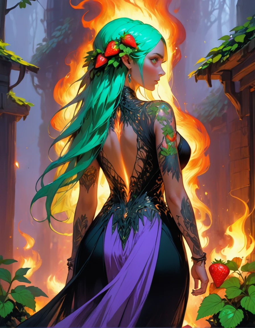 Arafed, Dark fantasy art, fantasy art, goth art, a picture of a tattoo on the back of a female elf, a glowing tattoo of a ((strawberry: 1.3)) on the elf's back, the ((strawberry tattoo)) is vivid, intricate detailed coming to life from the ink to real life, GlowingRunesAI_purple, ((fire surrounds the strawberry: 1.5)), shoot taken from the back, ((the back is visible: 1.3), she wears a transparent black dress, the dress is elegant, flowing, elven style, that the tattoos glow, dynamic hair color, dynamic hair style, vibrant, Ultra-high resolution, High Contrast, (masterpiece:1.5), highest quality, Best aesthetics), best details, best quality, highres, 16k, (ultra detailed: 1.5), masterpiece, best quality, (extremely detailed) RAW, (ultra details, Masterpiece, best quality) faize, Digital Painting,