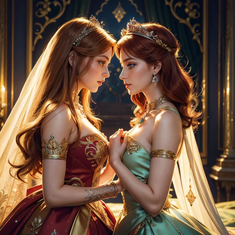 (masterpiece, best quality:1.5), highest quality, High resolution, super detailed, Realists, Upper body of the red-haired princess, detailed and beautiful eyes, beautiful detailed lips, very detailed eyes and face, longeyelashes, Princess in royal dress, Beautiful and colorful makeup, elegant and noble々Pose,shiny crown and jewels, Royal gardens as background, soft daylight, bright colors, fine brushstrokes, Portrait style, Noble details in the dress fabric, beautiful color palette, glowing skin, First-class rendering, that captures every detail, enchanting atmosphere, subtle shadows and lights, (perfect anatomy:1.2), (Two stunning princesses are deeply in love:1.4), (kiss:1.2)