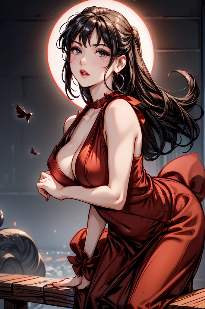 (8K HDR photorealistic pic), Betty Boop, short, althetic, curvy lady, ((tight little red dress)), dark eyebrows, black lipstick, (hoop earrings), dark eyeshadow, black lipstick, curvy, busty, (curly short black hair), shortstack, (retroussé breasts), darling figure, (supple pouting breasts), firm thighs, hourglass figure, kerchief, big brown eyes, dancing seductively