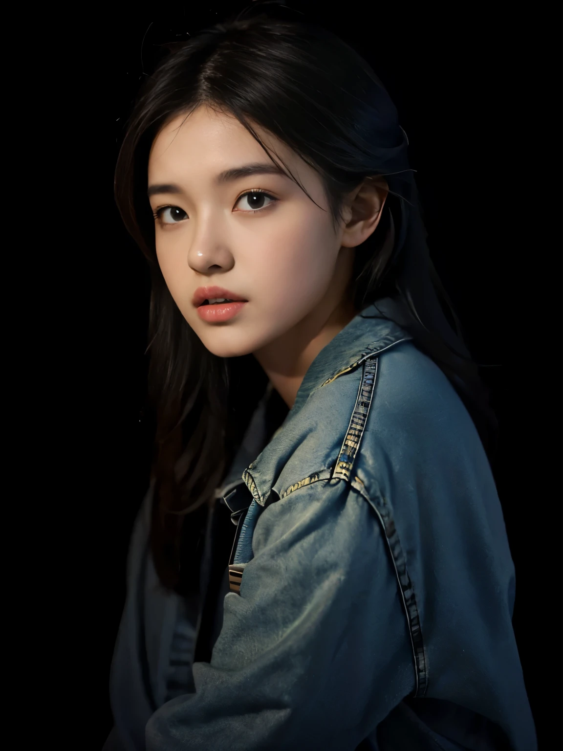 Closeup, A 20 yo woman, dark theme, soothing tones, muted colors, jacket, jeans, fashion, high contrast, (natural skin texture, hyperrealism, soft light, sharp), upper body, in school, Negative,