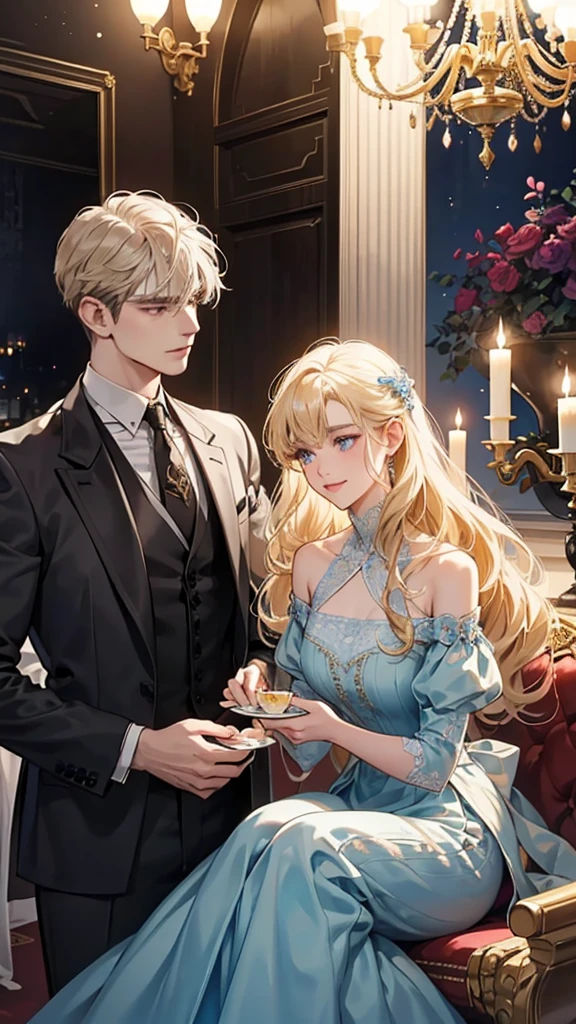 hero (noble girl):
hair: long, Blonde and straight, with some soft waves to give it an elegant look.
eyes: blue, big and shiny, showing emotion and tenderness.
outfit: A long and sophisticated light blue dress, with silver or gold details, and an elegant neckline.
Noble Boy:
hair: negro, well groomed, with a touch of sophistication.
eyes: red, intense and captivating.
outfit: A black formal suit with gold or silver details, a silk tie and a well-fitting jacket.
scene:
Location: An outdoor terrace at the mansion, decorated with soft lights and candles, and with a view of a garden illuminated under the stars.
mesa: Elegant dinner table with a white tablecloth, fine porcelain plates, crystal glasses and candelabras. Fresh flower arrangements add a romantic touch.
action: The protagonist and the noble boy are sitting face to face, sharing an elegant meal. There is an atmosphere of intimacy and connection. while they talk, The protagonist smiles shyly and the boy looks at her with admiration. Dinner is full of kind gestures, meaningful looks and soft laughter.