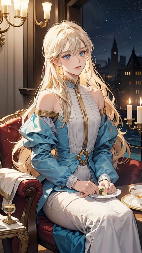 hero (noble girl):
hair: long, Blonde and straight, with some soft waves to give it an elegant look.
eyes: blue, big and shiny, showing emotion and tenderness.
outfit: A long and sophisticated light blue dress, with silver or gold details, and an elegant neckline.
Noble Boy:
hair: negro, well groomed, with a touch of sophistication.
eyes: red, intense and captivating.
outfit: A black formal suit with gold or silver details, a silk tie and a well-fitting jacket.
scene:
Location: An outdoor terrace at the mansion, decorated with soft lights and candles, and with a view of a garden illuminated under the stars.
mesa: Elegant dinner table with a white tablecloth, fine porcelain plates, crystal glasses and candelabras. Fresh flower arrangements add a romantic touch.
action: The protagonist and the noble boy are sitting face to face, sharing an elegant meal. There is an atmosphere of intimacy and connection. while they talk, The protagonist smiles shyly and the boy looks at her with admiration. Dinner is full of kind gestures, meaningful looks and soft laughter.