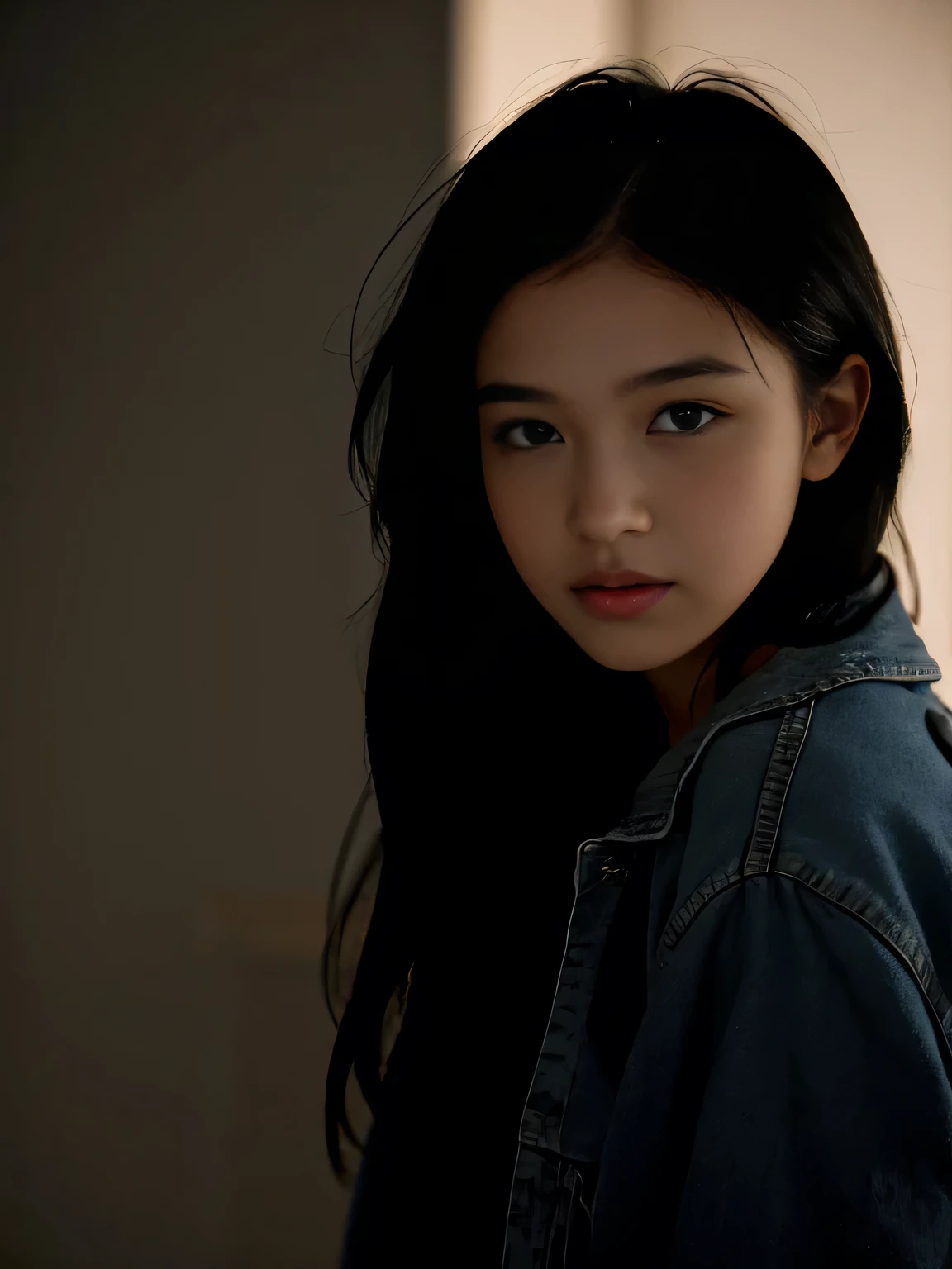 Closeup, A 20 yo woman, dark theme, soothing tones, muted colors, jacket, jeans, fashion, high contrast, (natural skin texture, hyperrealism, soft light, sharp), upper body, in school, Negative,