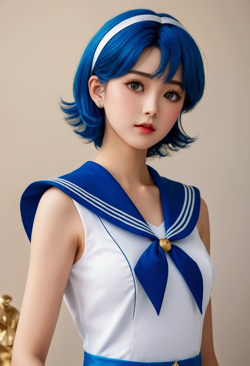 Beauty、very cute face、Outstanding proportions、Highest image quality、masterpiece、8K、soft expression、upper body only、(sailor mercury、Details down to the last detail、delicate in every detail)
