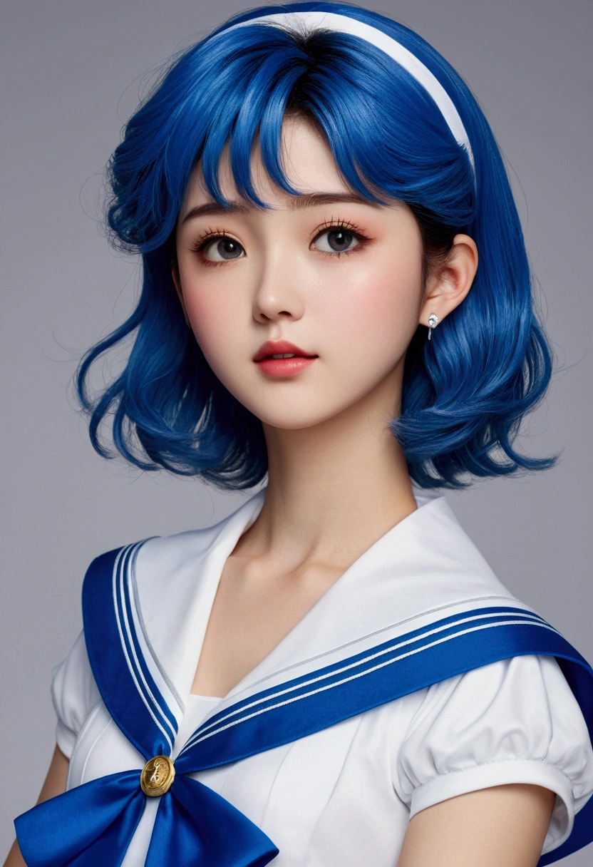 Beauty、very cute face、Outstanding proportions、Highest image quality、masterpiece、8K、soft expression、upper body only、(sailor mercury、Details down to the last detail、delicate in every detail)