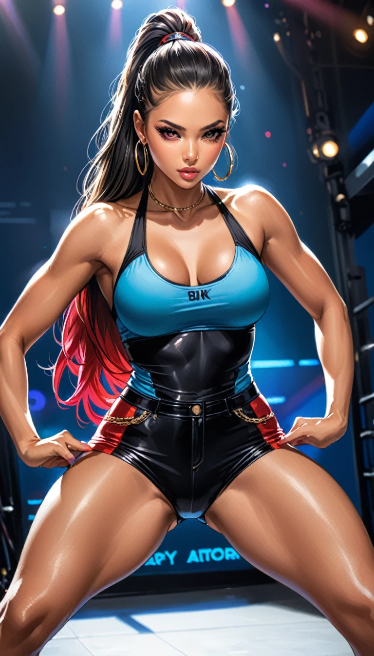 (best quality,4k,8k,highres,masterpiece:1.2),ultra-detailed,(realistic,photorealistic,photo-realistic:1.37),1 girl,hip-hop style outfit,high ponytail,incredibly long hair,cowgirl pose,looking at viewer,leaning forward,by Santiago Caruso,by Mike Azevedo,detailed eyes,detailed lips,extremely detailed face,long eyelashes,dynamic pose,colorful,vibrant colors,warm lighting