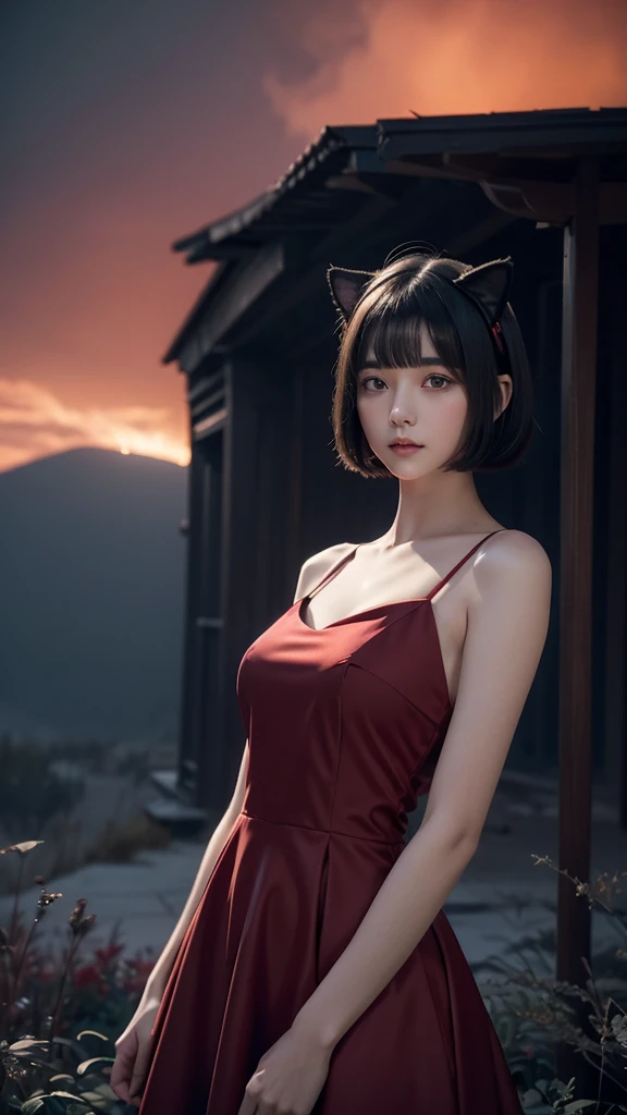 Delicate and dainty young woman with shiny bob-cut black hair and cat ears. She is wearing red only symple dress with mini-skirt. The background is a fantastic and ethereal night sky that seems to be haunted by a specter. Her expression is stern and atmospheric. , stocking, angle from below