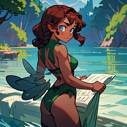 A girl with a strong and determined face, with intense blue eyes.
Long, curly tails, dark reddish brown hair, in braids or loose curls.
Body Athletic and muscular figure. Dark skin
in ligth green and green erotic Lingerie and with fairy wings With elements that simulate waves and blue water
(((character sheet))) ((various views)) ((front and back) (Face detail) (full body)