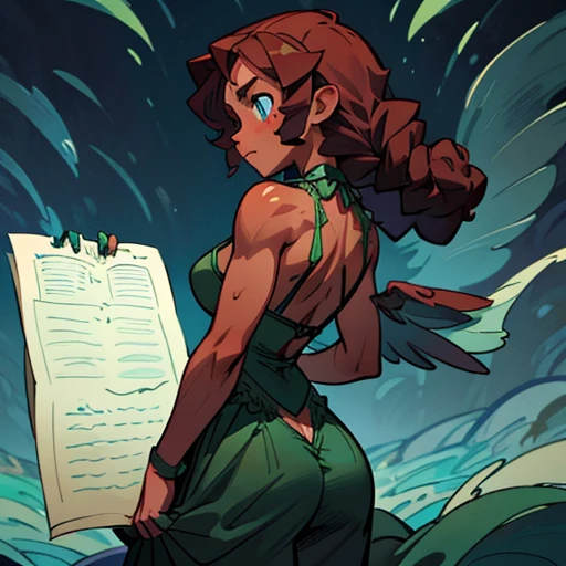 A girl with a strong and determined face, with intense blue eyes.

Long, curly tails, dark reddish brown hair, in braids or loose curls.

Body Athletic and muscular figure. Dark skin

in ligth green and green erotic Lingerie  and with fairy wings With elements that simulate waves and blue water

(((character sheet))) ((various views)) ((front and back) (Face detail) (full body)