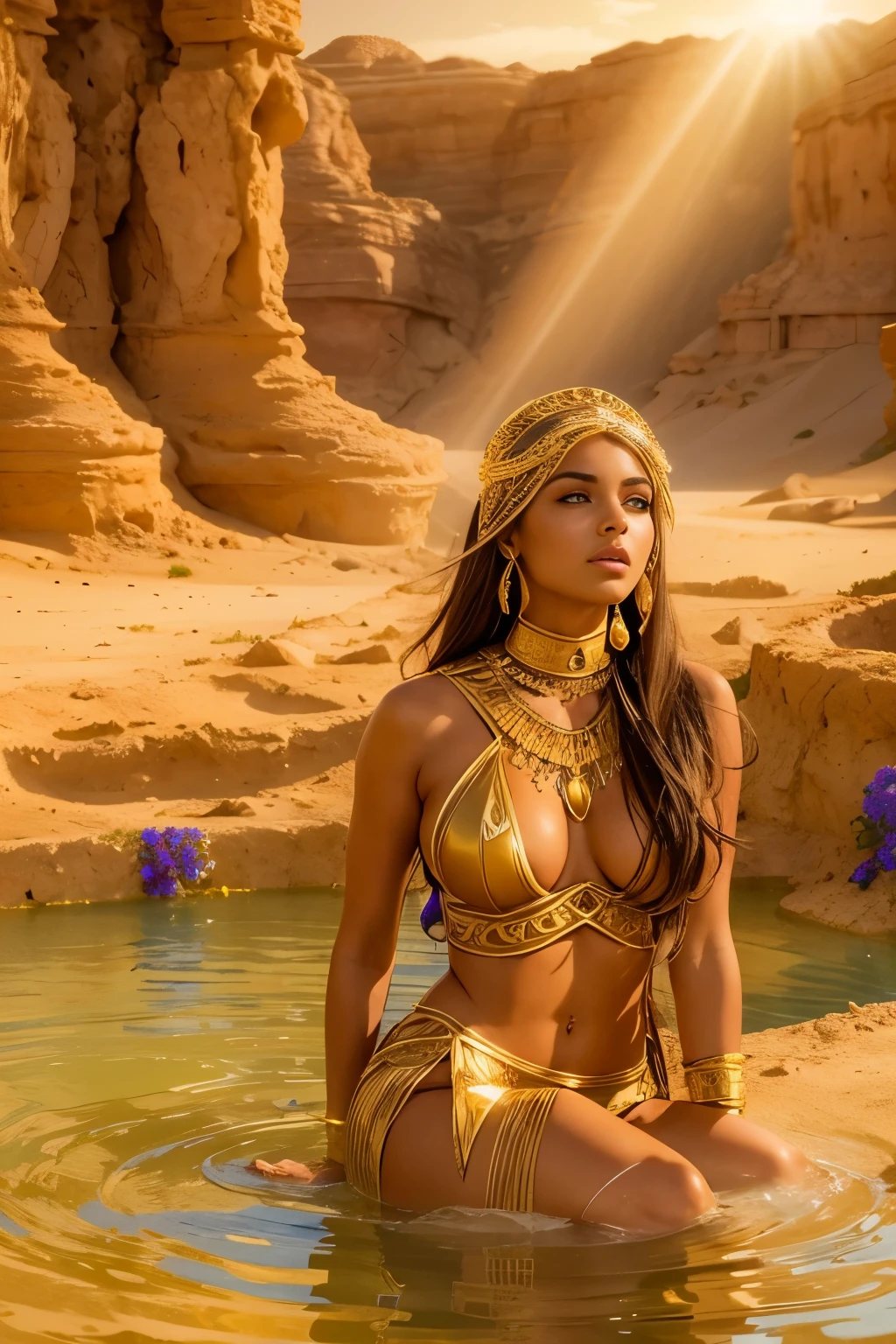 Guardian of the Sunlit Oasis: In a vast desert, an ultra hot gorgeous European woman.age 23. She discovers an oasis that appears only during the summer solstice. This oasis holds the power to grant sunlit visions. As she drinks from its waters, what future glimpses are revealed to her?