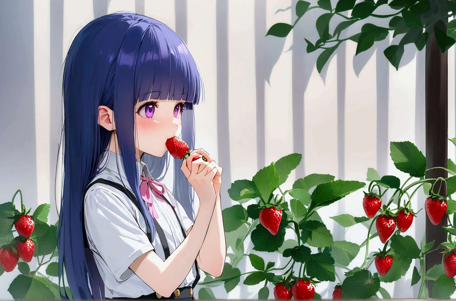 Eating strawberries, girl, alone, (outrageously rich), Blue Hair, Purple eyes, Long Hair, blunt bangs, bangs, I&#39;I&#39;m 11 years old, White shirt, Pink ribbon, suspenders, Black Skirt, depth of field,
