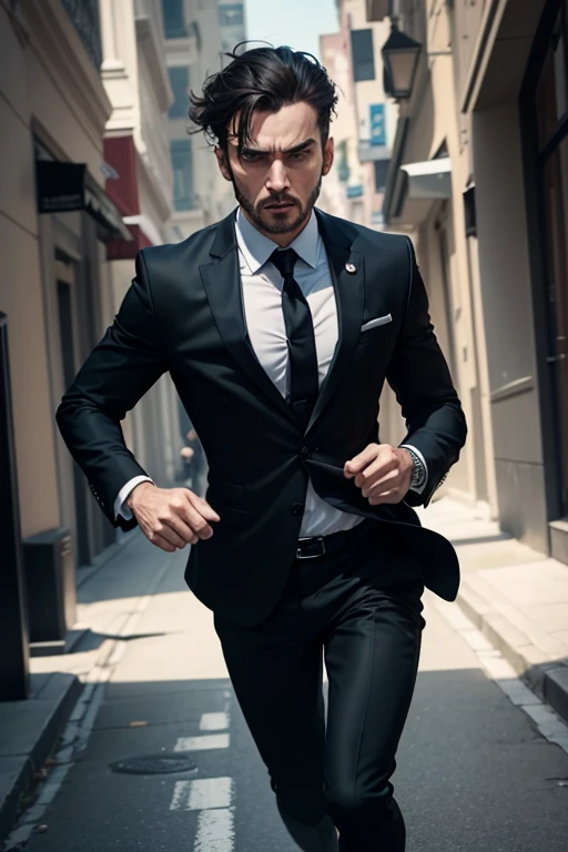 Man dressed in black suit, frightened look, seems to be running away from something
