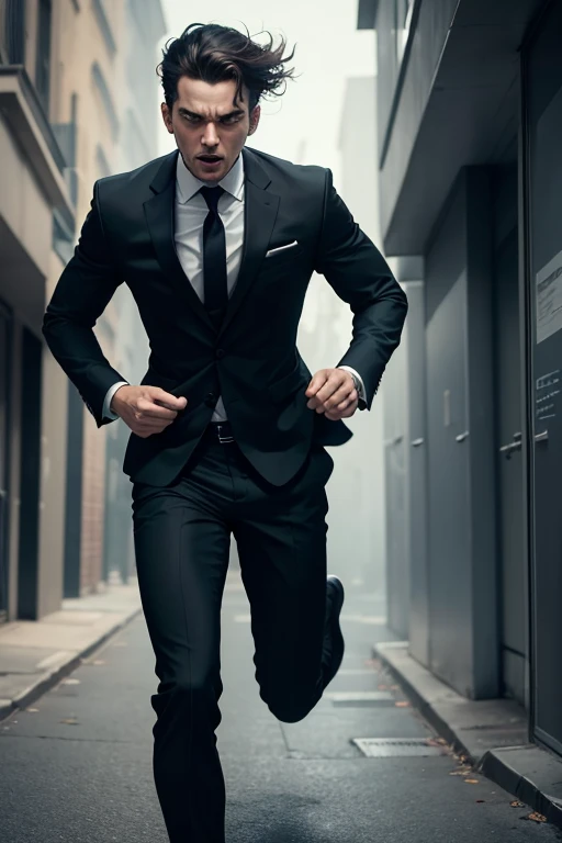 Man dressed in black suit, frightened look, seems to be running away from something